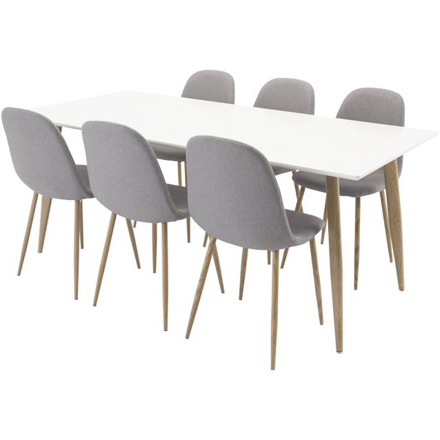 Ruokailuryhmä Venture Home, 180x90cm valkoinen/ruskea Polar-pöytä + 6 vaaleanharmaata Polar-tuolia, ruskeat jalat