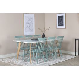 Ruokailuryhmä Venture Home, 180x90cm valkoinen/ruskea Polar-pöytä + 6 mintunvihreää Lönneberga-tuolia