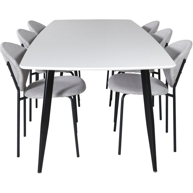 Ruokailuryhmä Venture Home, musta-valkoinen 240x100cm Polar Elips -pöytä + 6 harmaata Vault-tuolia