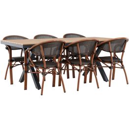 Ruokailuryhmä Venture Home, 200x100cm ruskea Garcia-pöytä + 6 mustaa Vila Real -tuolia