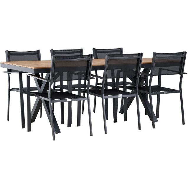 Ruokailuryhmä Venture Home, 200x100cm ruskea Garcia-pöytä + 6 mustaa, pinottavaa Copacabana-tuolia