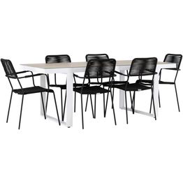 Ruokailuryhmä Venture Home, 200x90cm, beige/valkoinen Merlo-pöytä + 6 mustaa Lindos-tuolia, käsinojilla