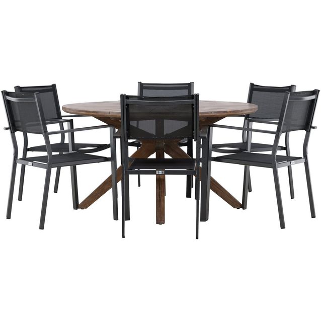 Ruokailuryhmä Venture Home, Ø140cm ruskea Rosario-pöytä + 6 pinottavaa Copacabana-tuolia