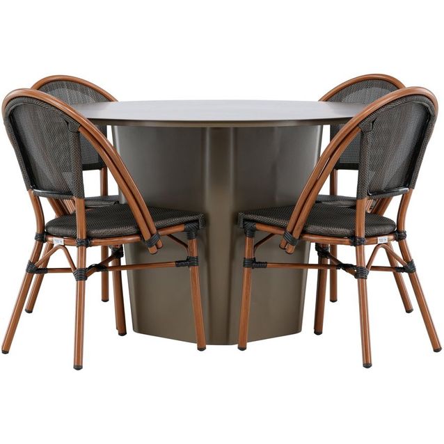 Ruokailuryhmä Venture Home, ø120cm harmaanruskea Santa Fe -pöytä + 4 musta-ruskeaa Guarda-tuolia