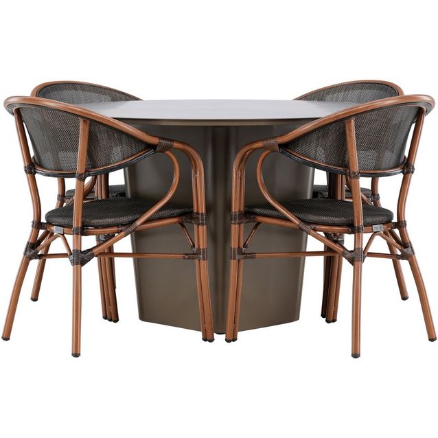 Ruokailuryhmä Venture Home, ø120cm harmaanruskea Santa Fe -pöytä + 4 musta-ruskeaa Vila Real -tuolia