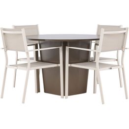 Ruokailuryhmä Venture Home, ø120cm harmaanruskea Santa Fe -pöytä + 4 beigeä, pinottavaa Copacabana-tuolia