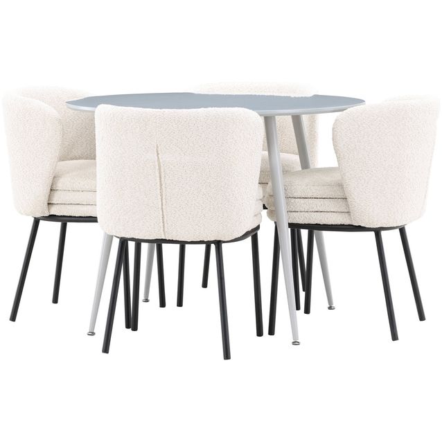 Pyöreä ruokailuryhmä Venture Home, Ø100cm Plaza-pöytä + 4 valkoista Agnes-tuolia