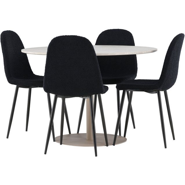 Pyöreä ruokailuryhmä Venture Home, Ø110cm beige Lycke-pöytä + 4 mustaa Polar-tuolia, teddy