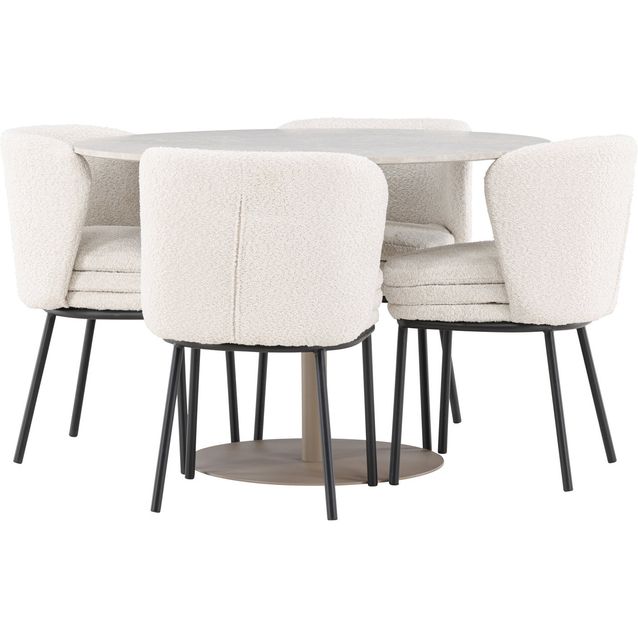 Pyöreä ruokailuryhmä Venture Home, Ø110cm beige Lycke-pöytä + 4 valkoista Agnes-tuolia, bouclé