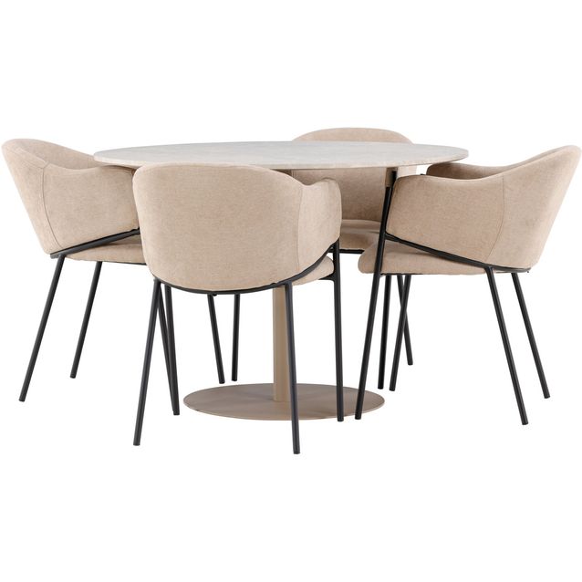 Pyöreä ruokailuryhmä Venture Home, Ø110cm beige Lycke-pöytä + 4 beigeä Evelina-tuolia