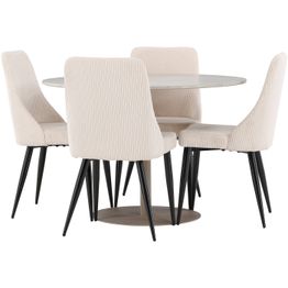 Pyöreä ruokailuryhmä Venture Home, Ø110cm beige Lycke-pöytä + 4 beigeä Leone-tuolia, vakosametti