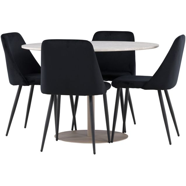 Pyöreä ruokailuryhmä Venture Home, Ø110cm beige Lycke-pöytä + 4 mustaa Night-tuolia, sametti