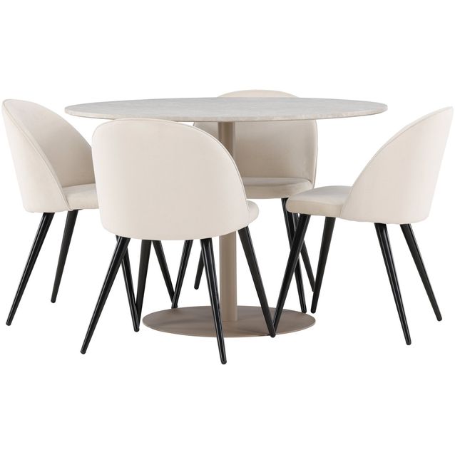 Pyöreä ruokailuryhmä Venture Home, Ø110cm beige Lycke-pöytä + 4 beigeä Velvet-tuolia, sametti