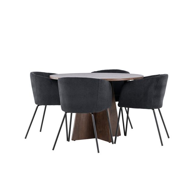 Pyöreä ruokailuryhmä Venture Home, Ø110cm ruskea Bootcut-pöytä + 4 mustaa Berit-tuolia, vakosametti