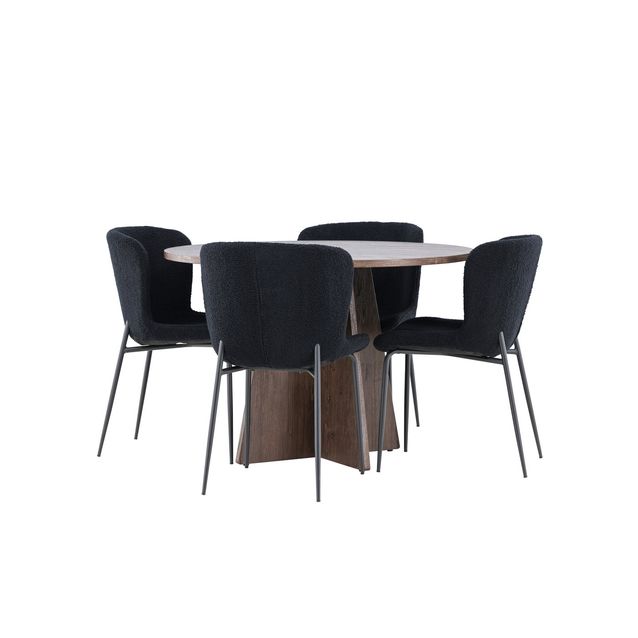 Pyöreä ruokailuryhmä Venture Home, Ø110cm ruskea Bootcut-pöytä + 4 mustaa Modesto-tuolia, teddy