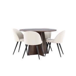 Pyöreä ruokailuryhmä Venture Home, Ø110cm ruskea Bootcut-pöytä + 4 beigeä Velvet-tuolia, sametti