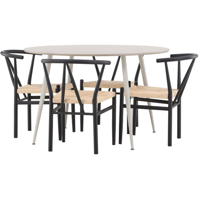 Pyöreä ruokailuryhmä Venture Home, Ø120cm beige Plaza-pöytä + 4 Alfons-tuolia