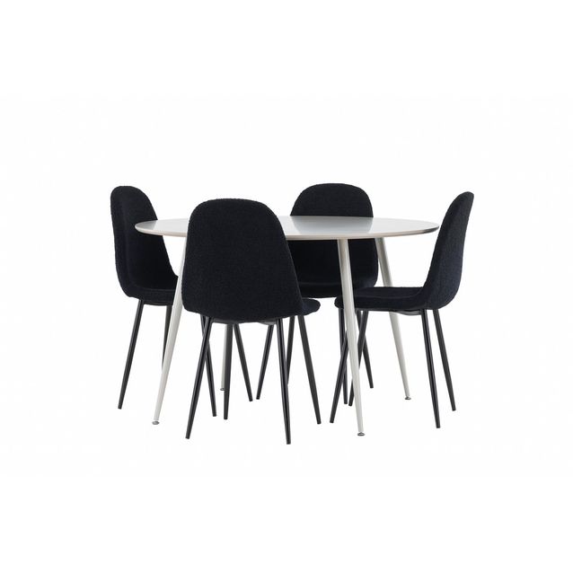 Pyöreä ruokailuryhmä Venture Home, Ø120cm beige Plaza-pöytä + 4 mustaa Polar-tuolia, teddy