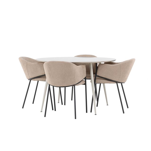 Pyöreä ruokailuryhmä Venture Home, Ø120cm beige Plaza-pöytä + 4 beigeä Evelina-tuolia