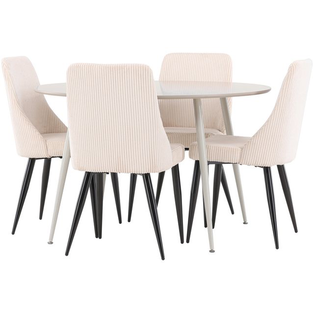 Pyöreä ruokailuryhmä Venture Home, Ø120cm beige Plaza-pöytä + 4 beigeä Leone-tuolia, vakosametti