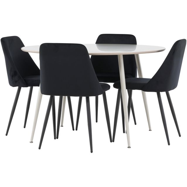 Pyöreä ruokailuryhmä Venture Home, Ø120cm beige Plaza-pöytä + 4 mustaa Night-tuolia, sametti