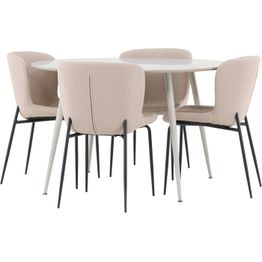 Pyöreä ruokailuryhmä Venture Home, Ø120cm beige Plaza-pöytä + 4 beigeä Modesto-tuolia, bouclé