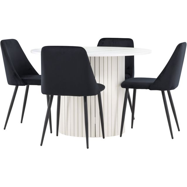 Pyöreä ruokailuryhmä Venture Home, Ø110cm valkoinen Härön-pöytä + 4 mustaa Night-tuolia, sametti