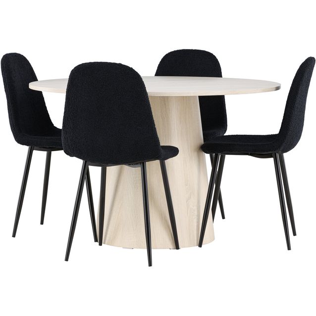 Pyöreä ruokailuryhmä Venture Home, Ø120cm vaalea Lanzo-pöytä + 4 mustaa Polar-tuolia, teddy