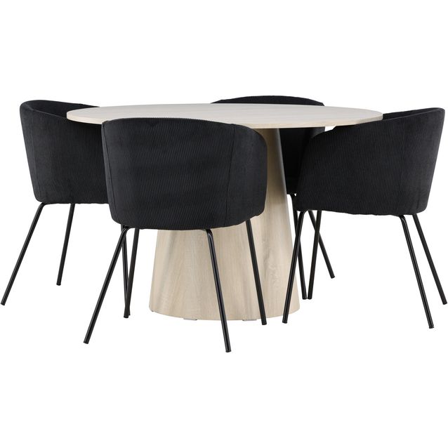 Pyöreä ruokailuryhmä Venture Home, Ø120cm vaalea Lanzo-pöytä + 4 mustaa Berit-tuolia, vakosametti