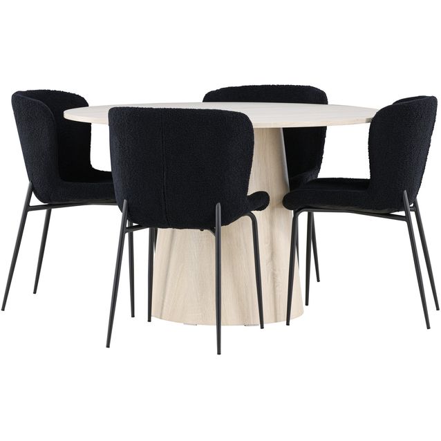 Pyöreä ruokailuryhmä Venture Home, Ø120cm vaalea Lanzo-pöytä + 4 mustaa Modesto-tuolia, teddy