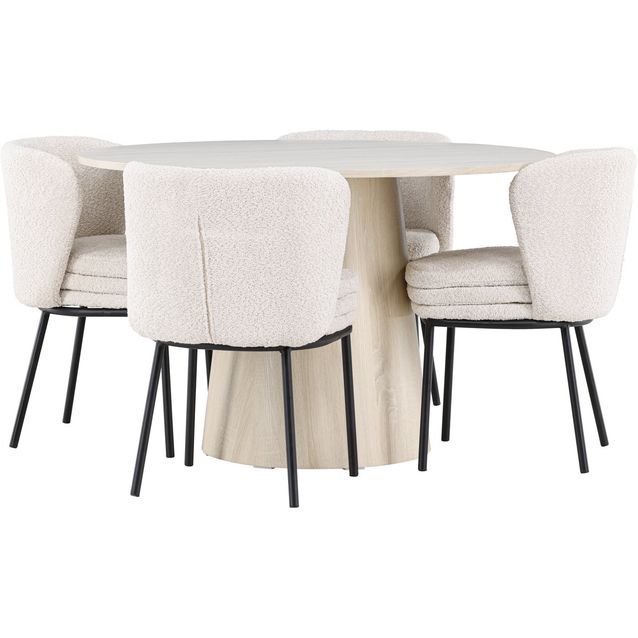 Pyöreä ruokailuryhmä Venture Home, Ø120cm vaalea Lanzo-pöytä + 4 valkoista Agnes-tuolia, bouclé