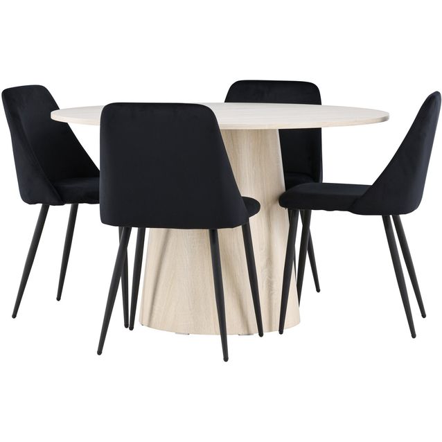 Pyöreä ruokailuryhmä Venture Home, Ø120cm vaalea Lanzo-pöytä + 4 mustaa Night-tuolia, sametti