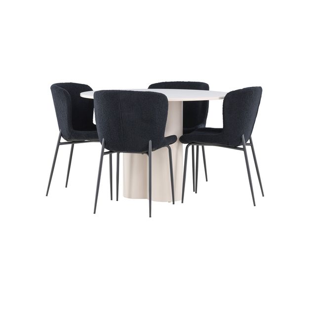 Pyöreä ruokailuryhmä Venture Home, Ø110cm Olivia-pöytä + 4 mustaa Modesto-tuolia, teddy
