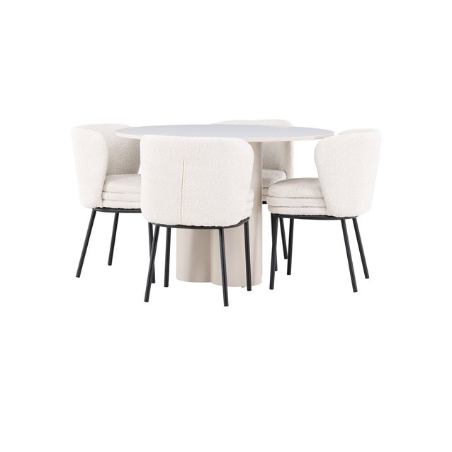 Pyöreä ruokailuryhmä Venture Home, Ø110cm Olivia-pöytä + 4 valkoista Agnes-tuolia, bouclé