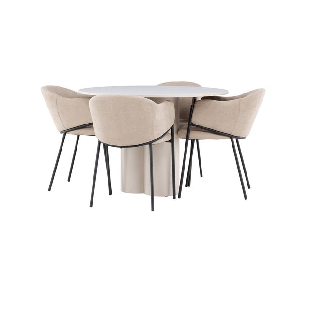 Pyöreä ruokailuryhmä Venture Home, Ø110cm Olivia-pöytä + 4 beigeä Evelina-tuolia