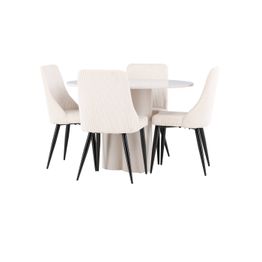 Pyöreä ruokailuryhmä Venture Home, Ø110cm Olivia-pöytä + 4 beigeä Leone-tuolia, vakosametti