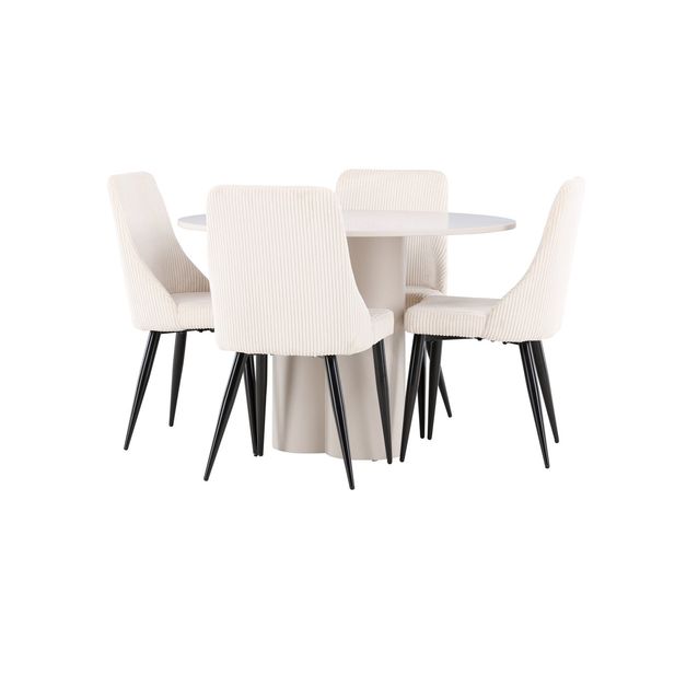 Pyöreä ruokailuryhmä Venture Home, Ø110cm Olivia-pöytä + 4 beigeä Leone-tuolia, vakosametti