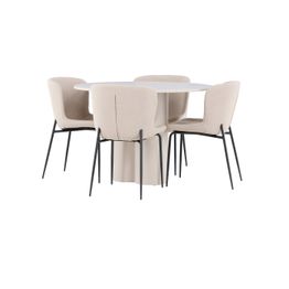 Pyöreä ruokailuryhmä Venture Home, Ø110cm Olivia-pöytä + 4 beigeä Modesto-tuolia, bouclé
