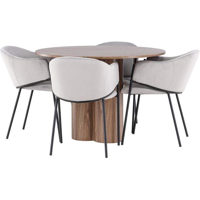 Pyöreä ruokailuryhmä Venture Home, Ø110cm ruskea Olivia-pöytä + 4 harmaata Evelina-tuolia, sametti