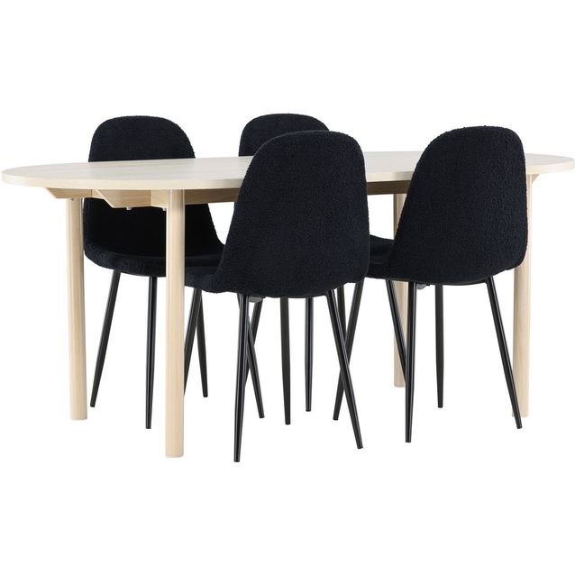 Soikea ruokailuryhmä Venture Home, 180x90cm vaalea Andy-pöytä + 4 mustaa Polar-tuolia, teddy