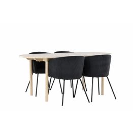 Soikea ruokailuryhmä Venture Home, 180x90cm vaalea Andy-pöytä + 4 mustaa Berit-tuolia, vakosametti