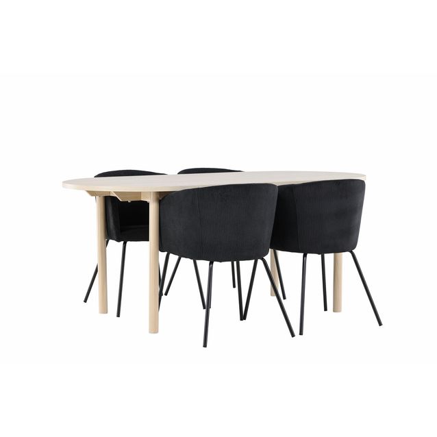 Soikea ruokailuryhmä Venture Home, 180x90cm vaalea Andy-pöytä + 4 mustaa Berit-tuolia, vakosametti