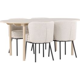 Soikea ruokailuryhmä Venture Home, 180x90cm vaalea Andy-pöytä + 4 valkoista Agnes-tuolia, bouclé