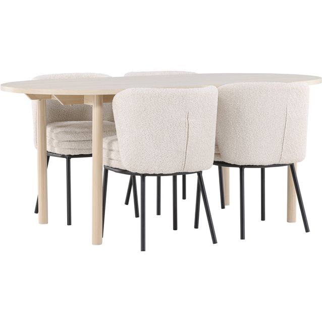 Soikea ruokailuryhmä Venture Home, 180x90cm vaalea Andy-pöytä + 4 valkoista Agnes-tuolia, bouclé
