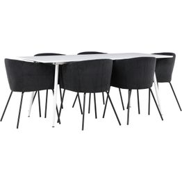 Ruokailuryhmä Venture Home, 180x90cm valkoinen Silar-pöytä + 6 mustaa Berit-tuolia