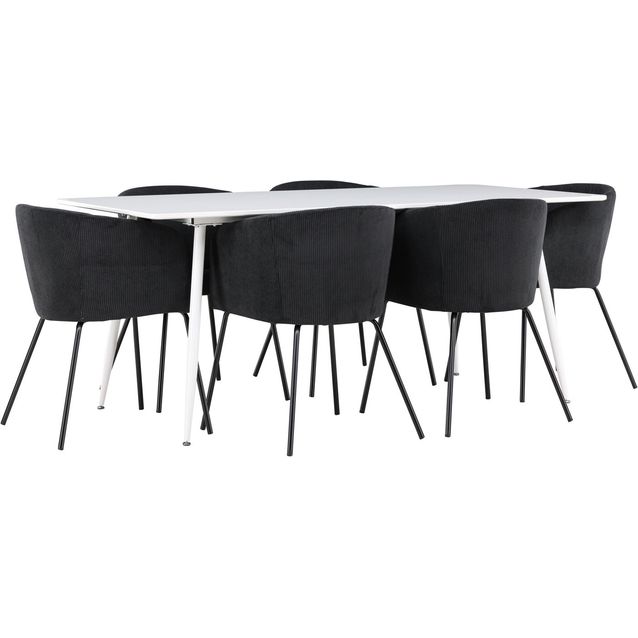 Ruokailuryhmä Venture Home, 180x90cm valkoinen Silar-pöytä + 6 mustaa Berit-tuolia