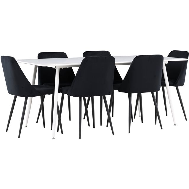 Ruokailuryhmä Venture Home, 180x90cm valkoinen Silar-pöytä + 6 mustaa Night-tuolia, sametti