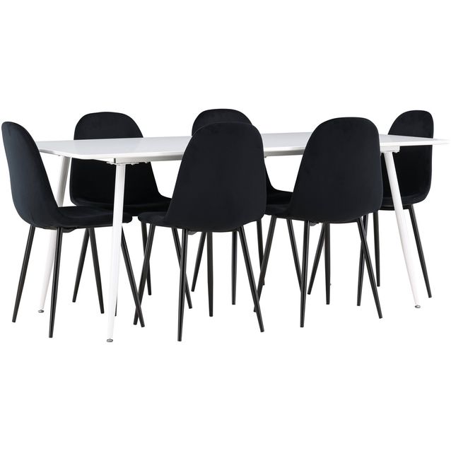 Ruokailuryhmä Venture Home, 180x90cm valkoinen Silar-pöytä + 6 mustaa Polar-tuolia, sametti