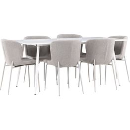Ruokailuryhmä Venture Home, 180x90cm valkoinen Silar-pöytä + 6 harmaata Modesto-tuolia