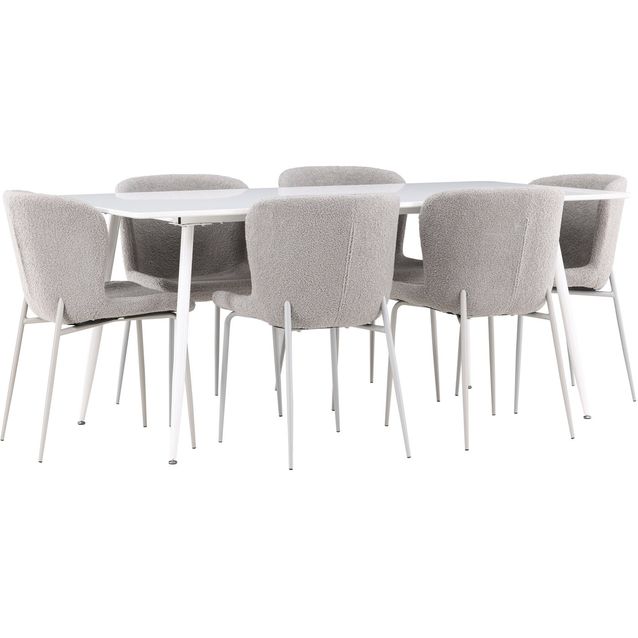 Ruokailuryhmä Venture Home, 180x90cm valkoinen Silar-pöytä + 6 harmaata Modesto-tuolia